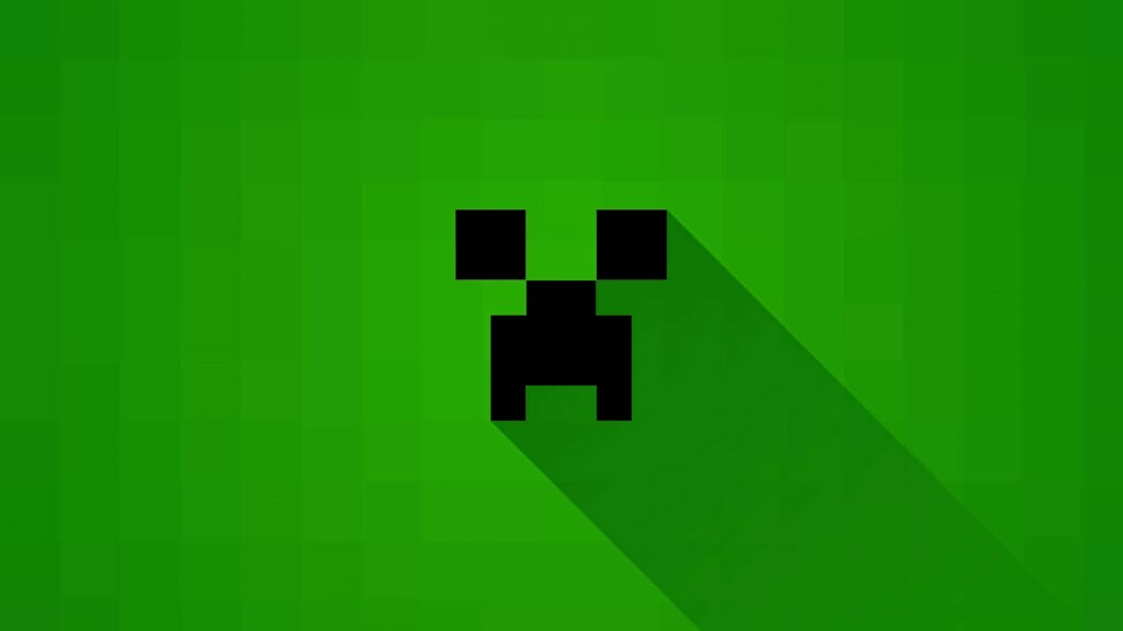Minimalist Minecraft Creeper face wallpaper with pixelated green gradient background and shadow effect