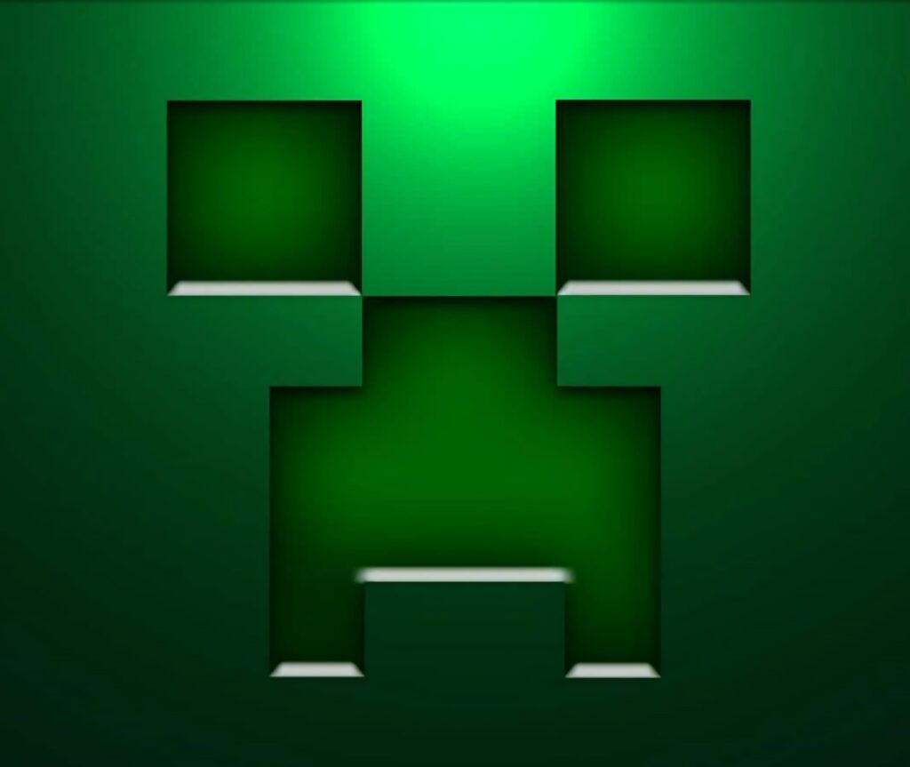 Minecraft Creeper face wallpaper minimalist pixel art deep green tones glowing gradient background