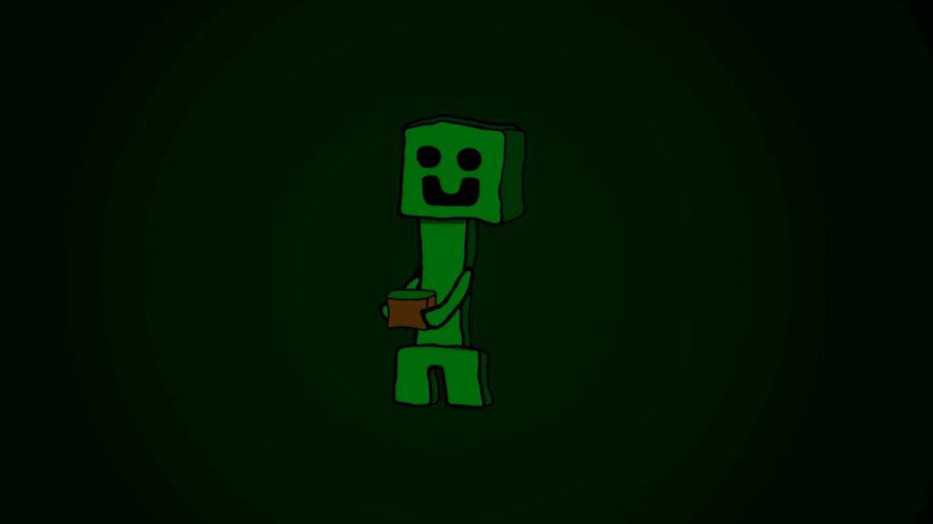 Minimalist Minecraft Creeper pixel art glowing in dark shadowy background wallpaper design