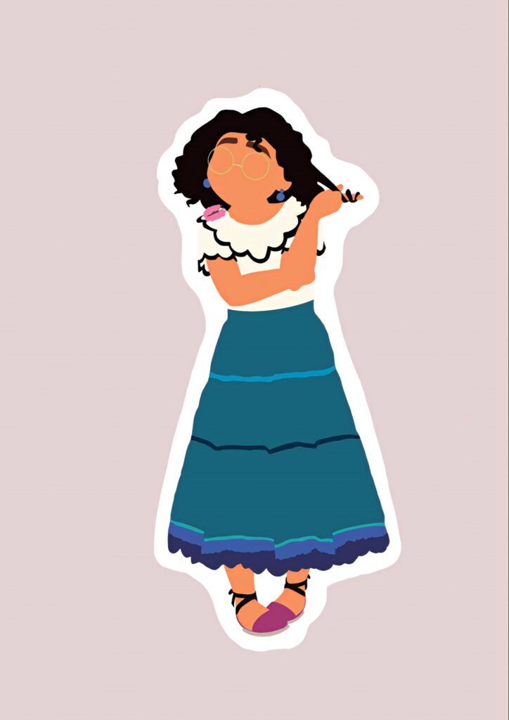 Minimalist Mirabel Encanto wallpaper with bold colors glasses blue skirt pastel background