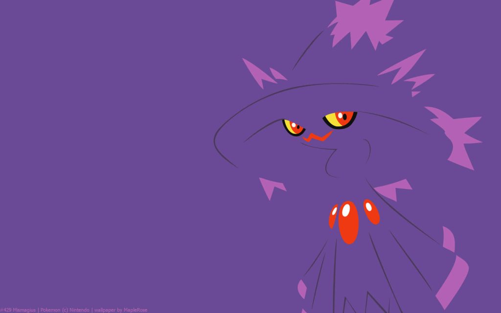Minimalist vector wallpaper of Ghost-type Pokémon Mismagius with red eyes on purple background