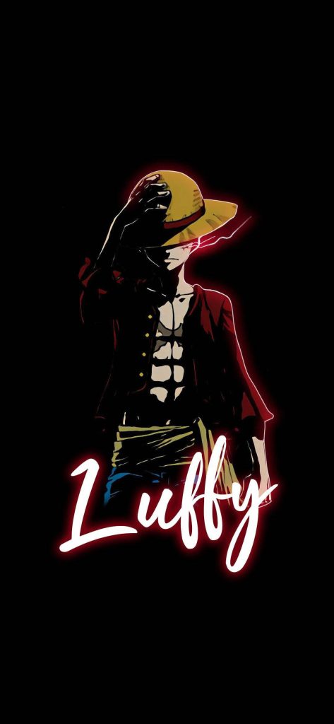 Minimalist Monkey D Luffy wallpaper with red glowing outlines holding straw hat on black background