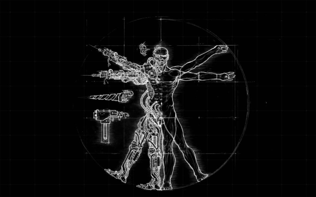 Minimalist Monochrome Vitruvian Man: Human & Robot Fusion Wallpaper