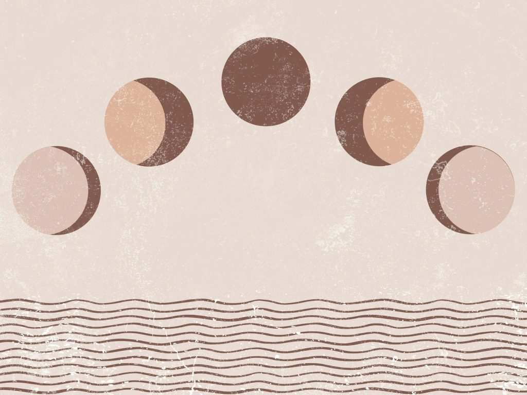 Minimalist 4K wallpaper with abstract moon phases and wavy lines in beige and brown tones