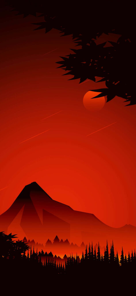 Minimalist Mountain Wallpaper: Red Sky & Moon Landscape Background