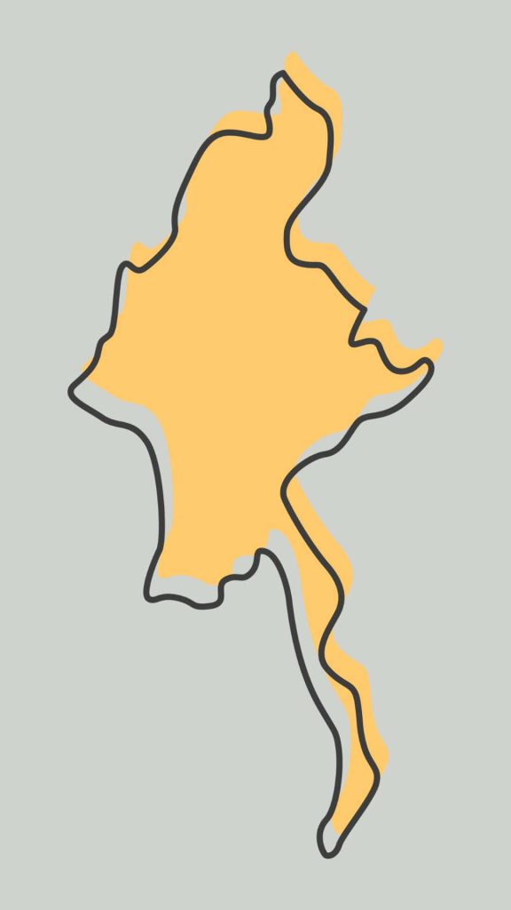 Minimalist digital map of Myanmar yellow silhouette on light grey modern wallpaper background