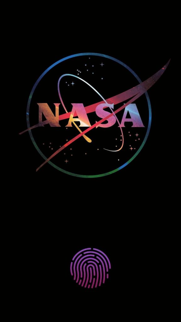 Minimalist NASA wallpaper with iconic meatball logo and vibrant nebula fingerprint on black background