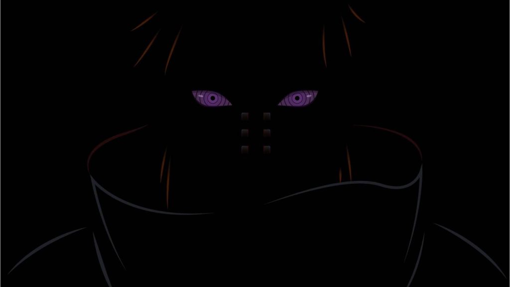Minimalist Pain wallpaper with glowing purple Rinnegan eyes on black Naruto Akatsuki background