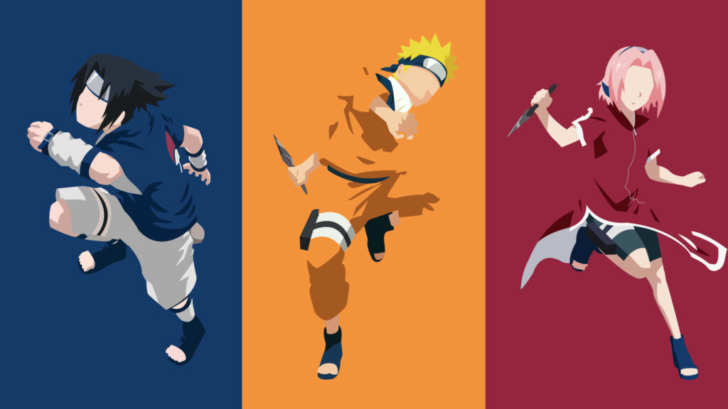 Minimalist Naruto Wallpaper: Faceless Characters on Tri-Color Background