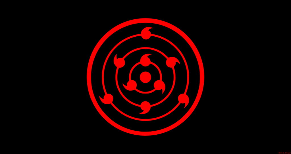 8K minimalist Naruto Rinne Sharingan wallpaper with red tomoe on black background anime fan art