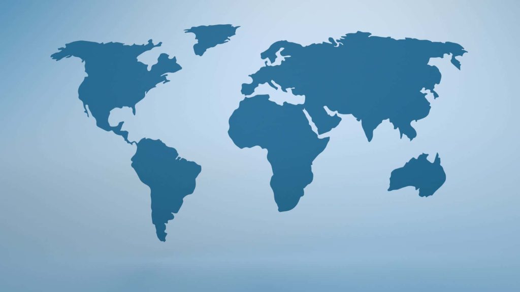 Minimalist world map wallpaper with navy continents on soft light blue gradient background