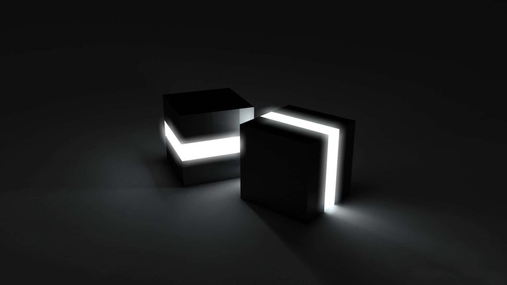 Minimalist 3D black cubes with glowing white strips on dark moody neon digital art background Wallpaper