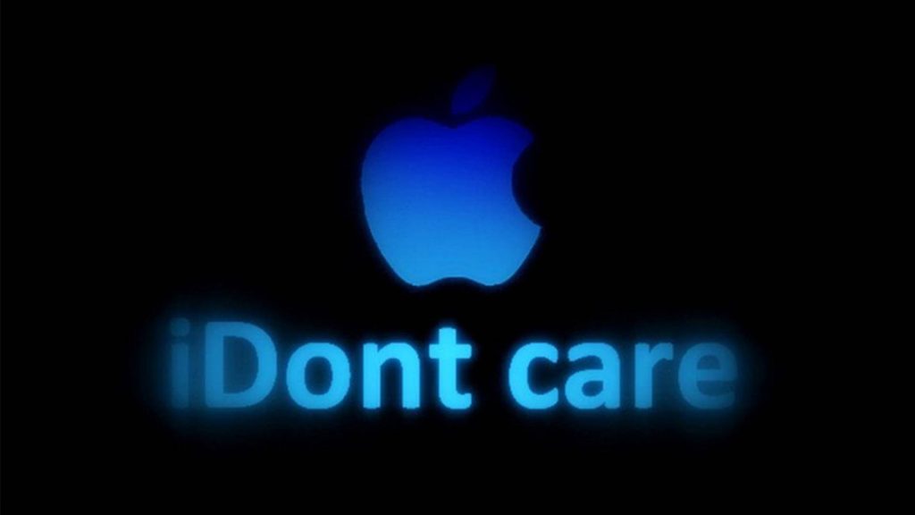 Minimalist Apple logo wallpaper with iDont care neon blue glow on black tech background