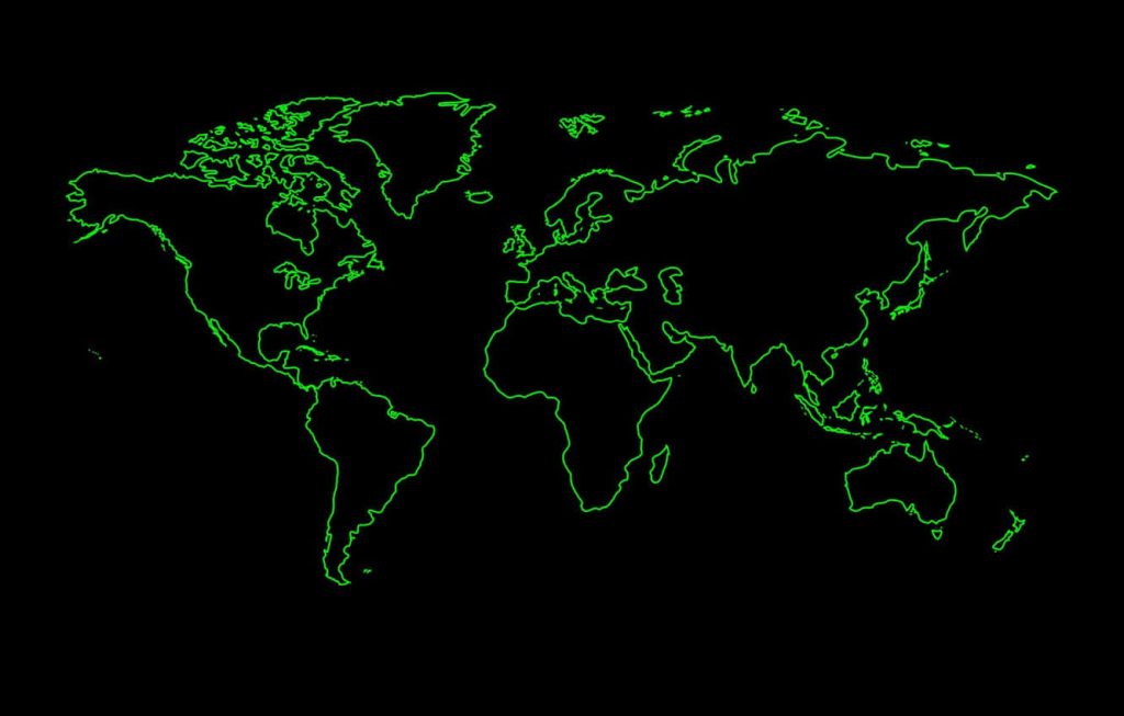 Minimalist neon green world map wallpaper on black background modern glowing digital art