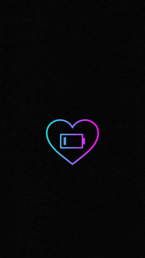 Minimalist Neon Heart Wallpaper with Battery Icon on Black Background
