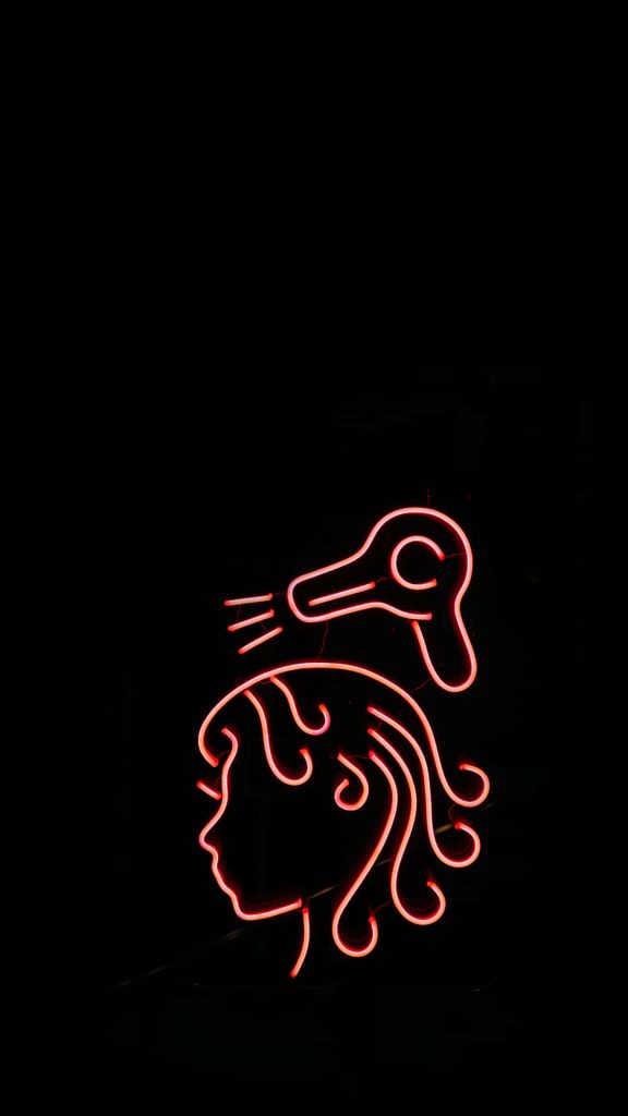 Minimalist neon wallpaper red outline woman drying curly hair black background modern design