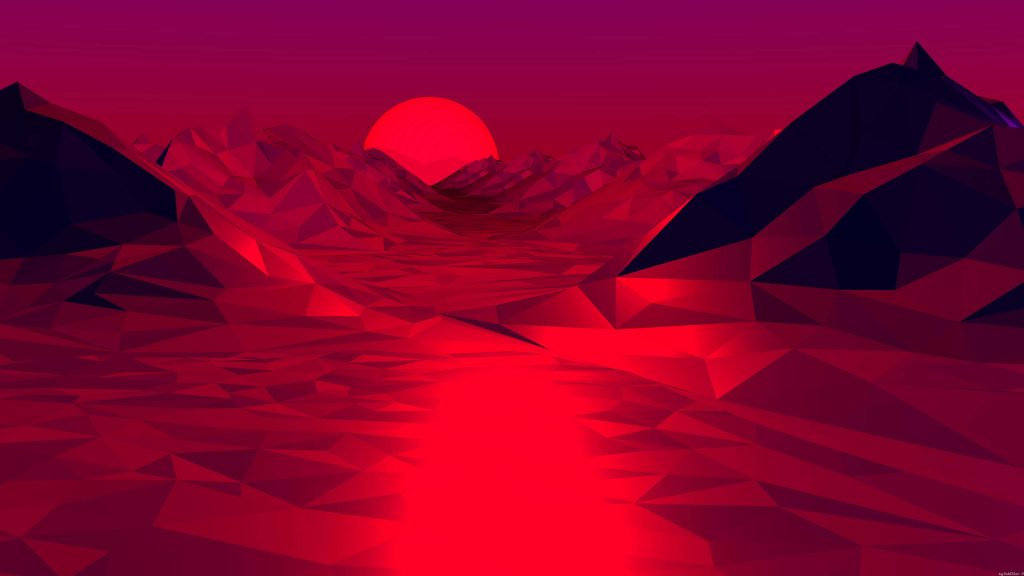 Minimalist digital wallpaper with low-poly mountains glowing under a neon red sun futuristic landscape