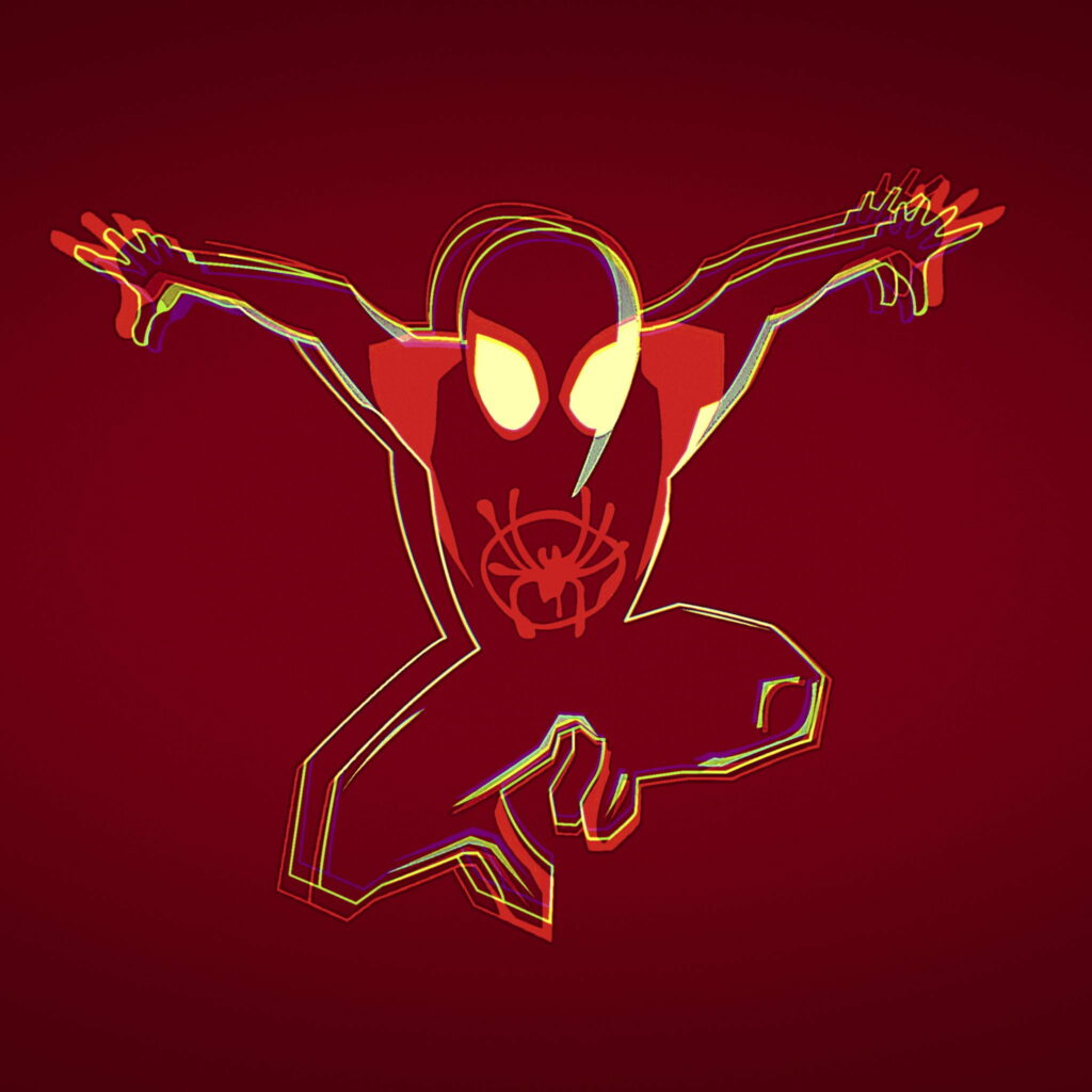 Minimalist neon Spiderman outline jumping on deep red background wallpaper for iPad phone screens