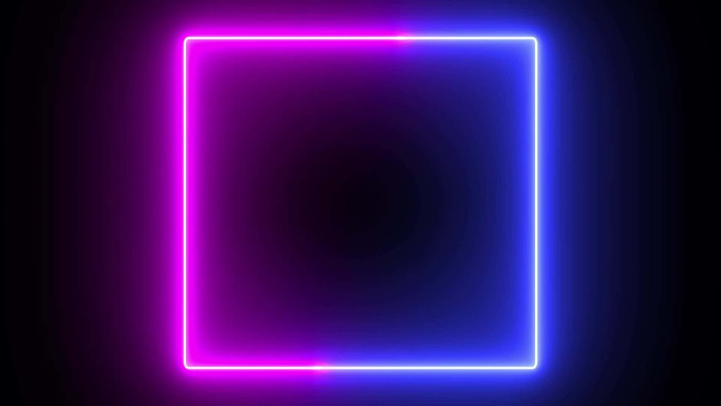 Minimalist neon square frame glowing pink blue on black background futuristic digital wallpaper