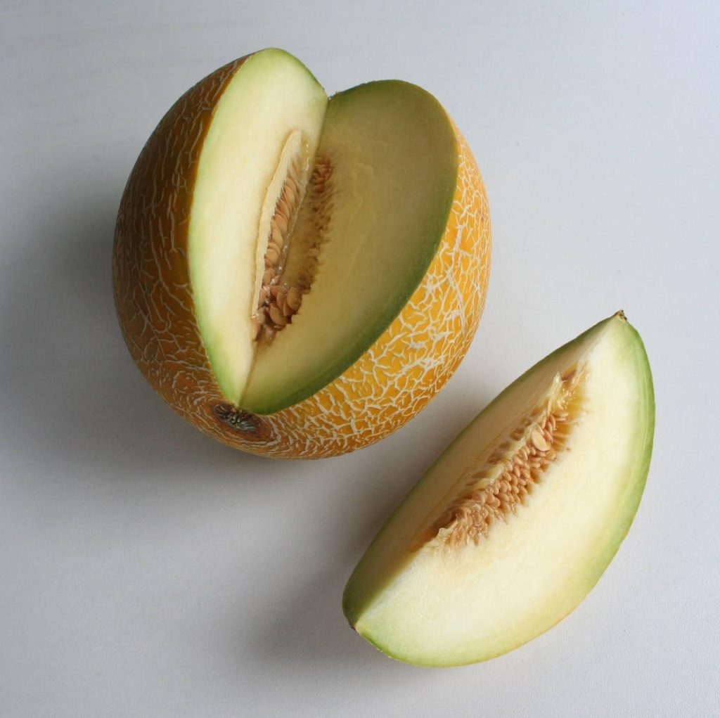 Minimalist wallpaper with fresh sliced netted melon showing pale green flesh and seeds