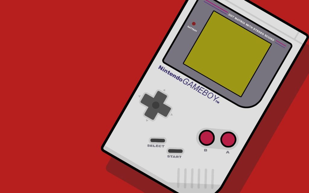 Minimalist vector wallpaper of classic Nintendo Game Boy angled on bold red background retro gaming