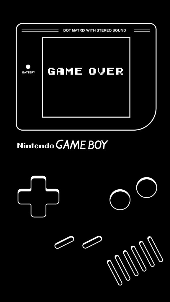 Minimalist white line art of Nintendo Game Boy with Game Over screen on black background wallpaper