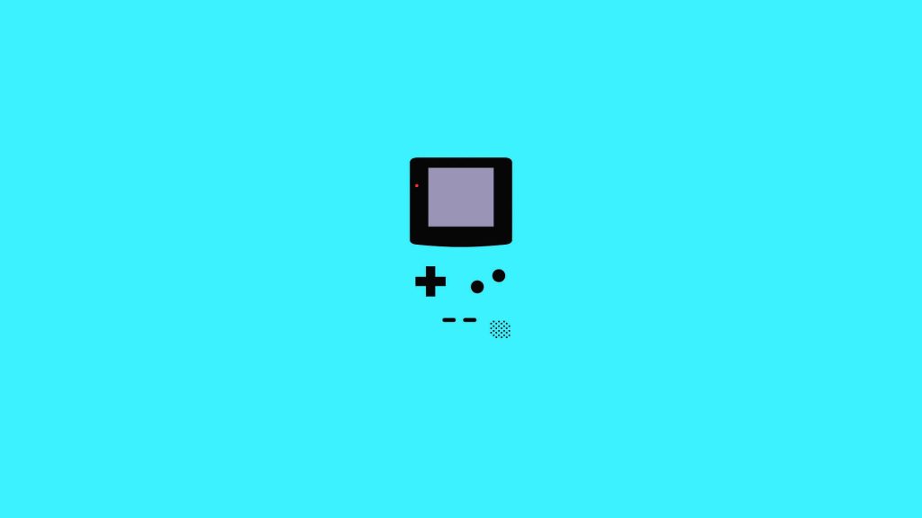 Minimalist Nintendo Game Boy silhouette on vibrant cyan background retro gaming wallpaper