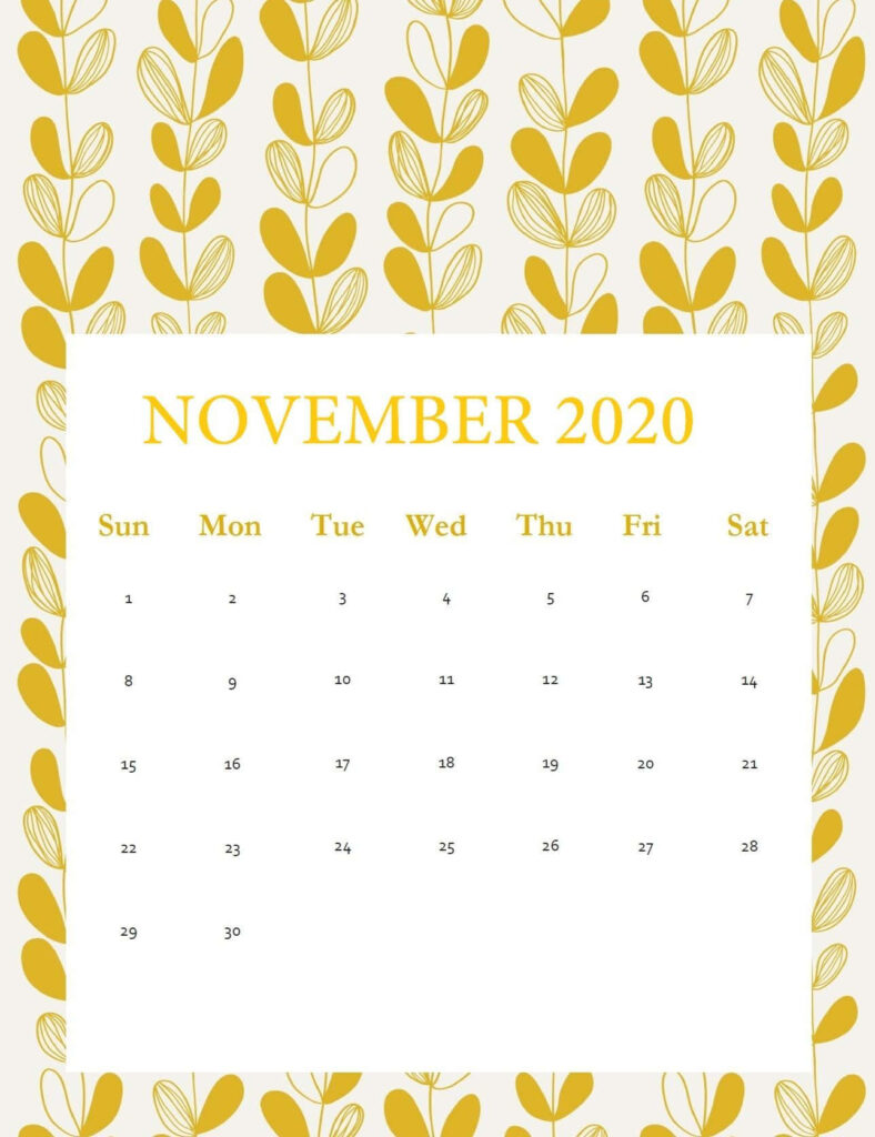 Minimalist November 2020 calendar wallpaper with yellow white background and leaf patterns