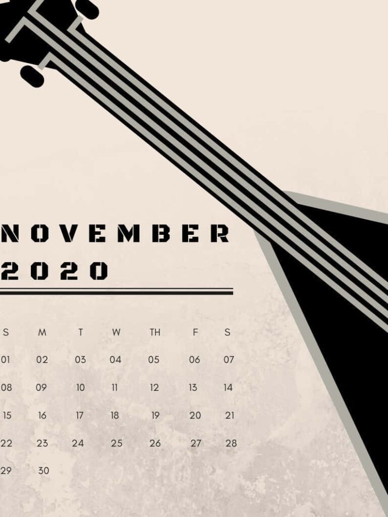 Minimalist November 2020 calendar wallpaper with abstract black gray guitar on beige background