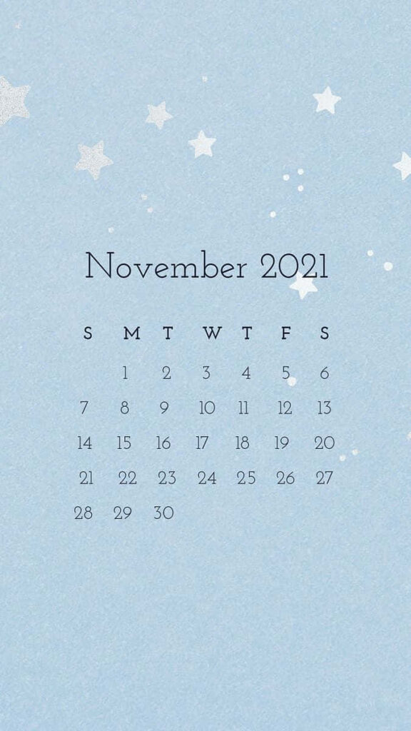 Minimalist November 2021 calendar wallpaper with soft blue background and white silver stars