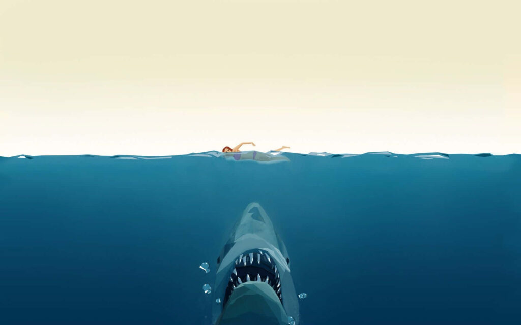 Minimalist Ocean View Wallpaper: Calm Swimmer & Approaching Shark