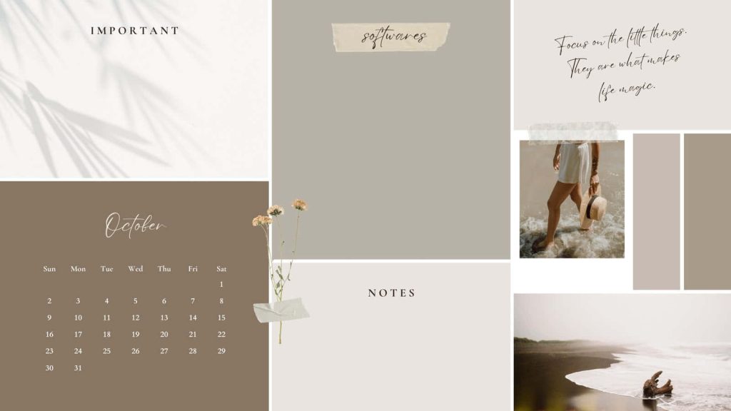 Minimalist October desktop organizer wallpaper with calendar notes software and serene beach photo