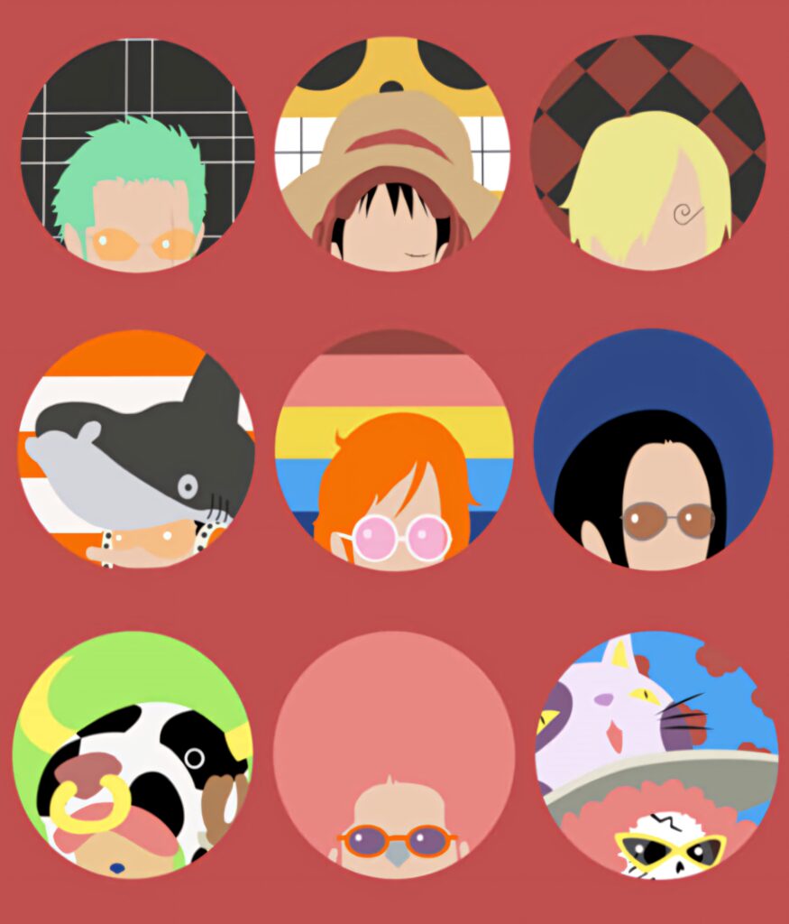 Minimalist One Piece Characters in Circular Portraits on Red Background Wallpaper