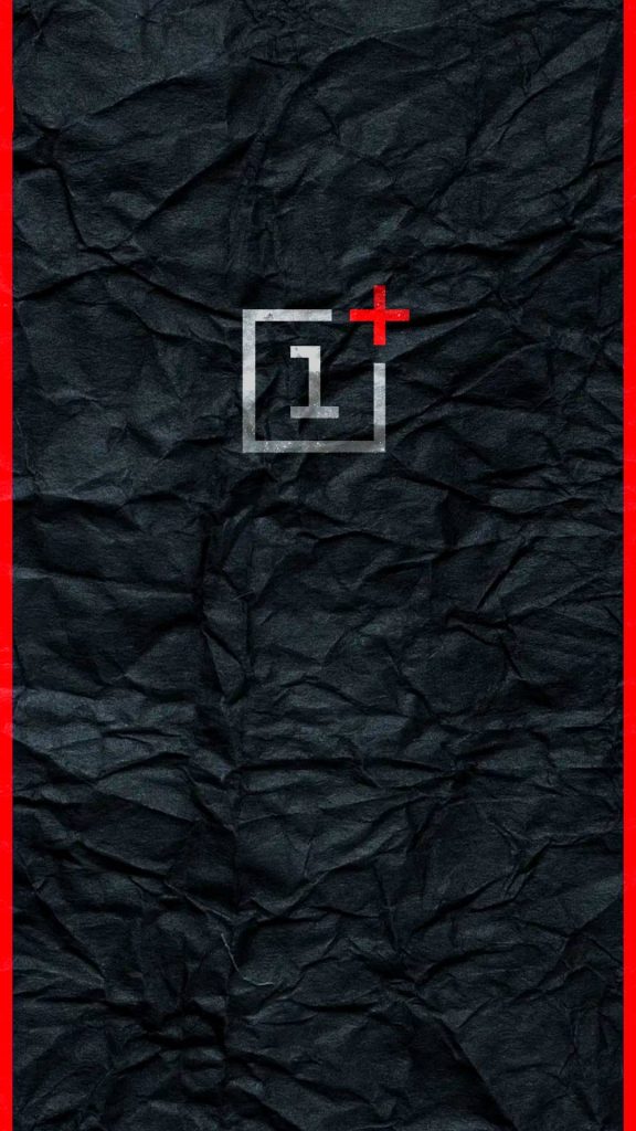 OnePlus logo on dark crumpled paper background with red vertical accents minimalist wallpaper