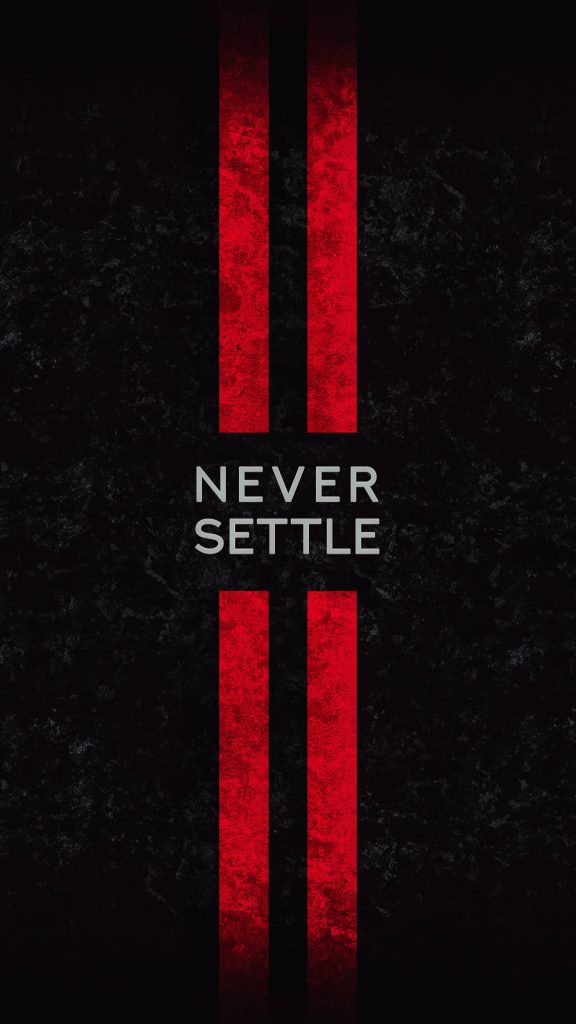 Minimalist OnePlus wallpaper black grunge background with red stripes and Never Settle slogan