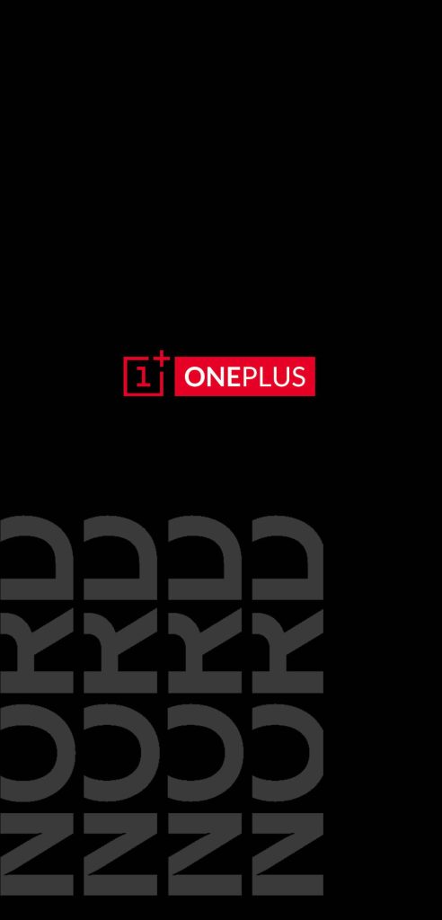 Minimalist OnePlus Nord wallpaper with red logo and vertical dark gray text on black background
