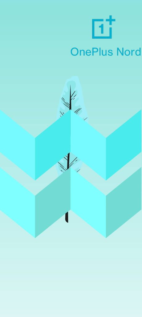 Minimalist OnePlus Nord wallpaper with cyan geometric arrow and abstract black tree branches background