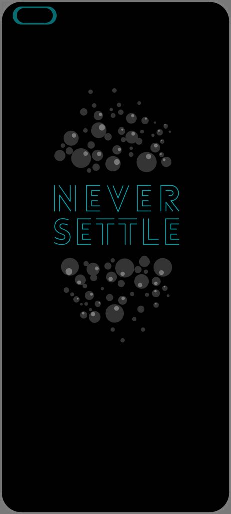 Minimalist OnePlus Nord wallpaper with teal Never Settle slogan and grey bubble black background