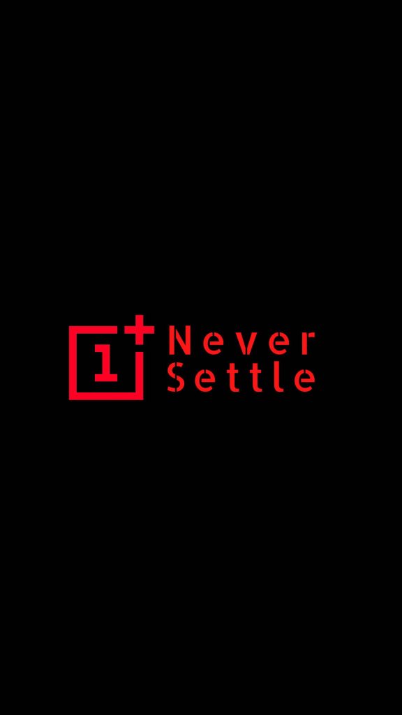 OnePlus wallpaper with bold red logo and Never Settle slogan on deep black AMOLED background