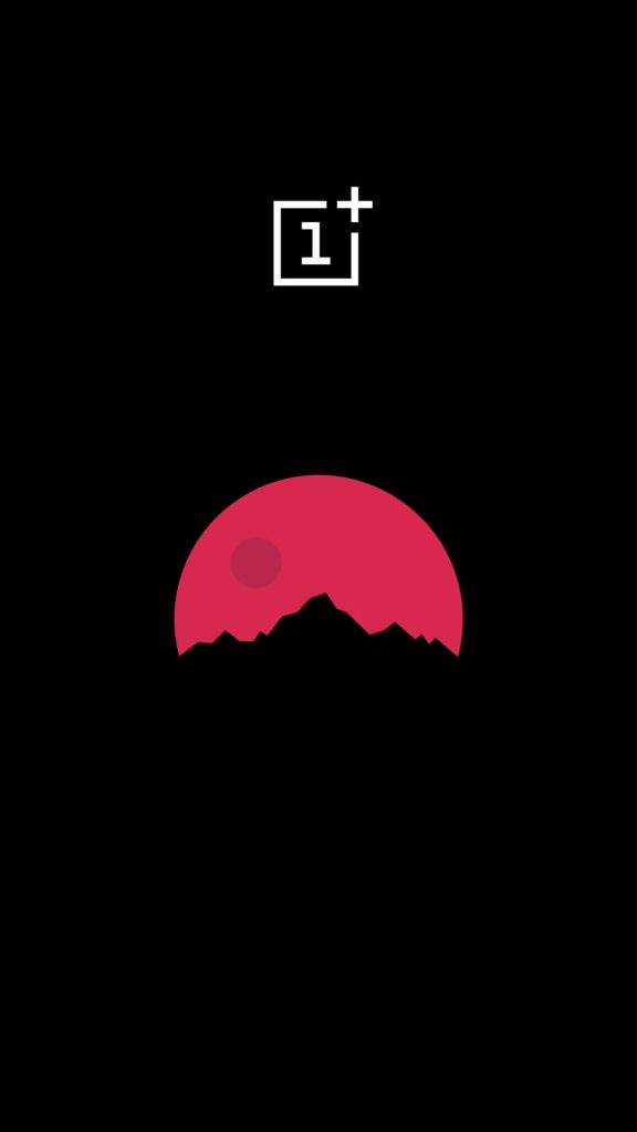 Minimalist OnePlus wallpaper with white logo, mountain silhouette, and pink moon on black screen