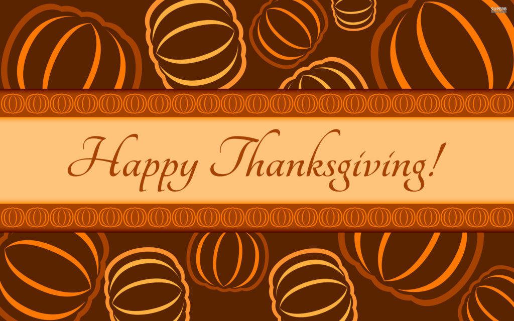 Minimalist orange pumpkin outlines on dark brown background with Happy Thanksgiving banner text Wallpaper