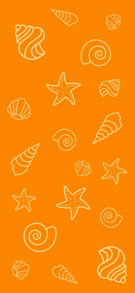 Minimalist summer wallpaper with playful outline seashells and starfish on vibrant orange background