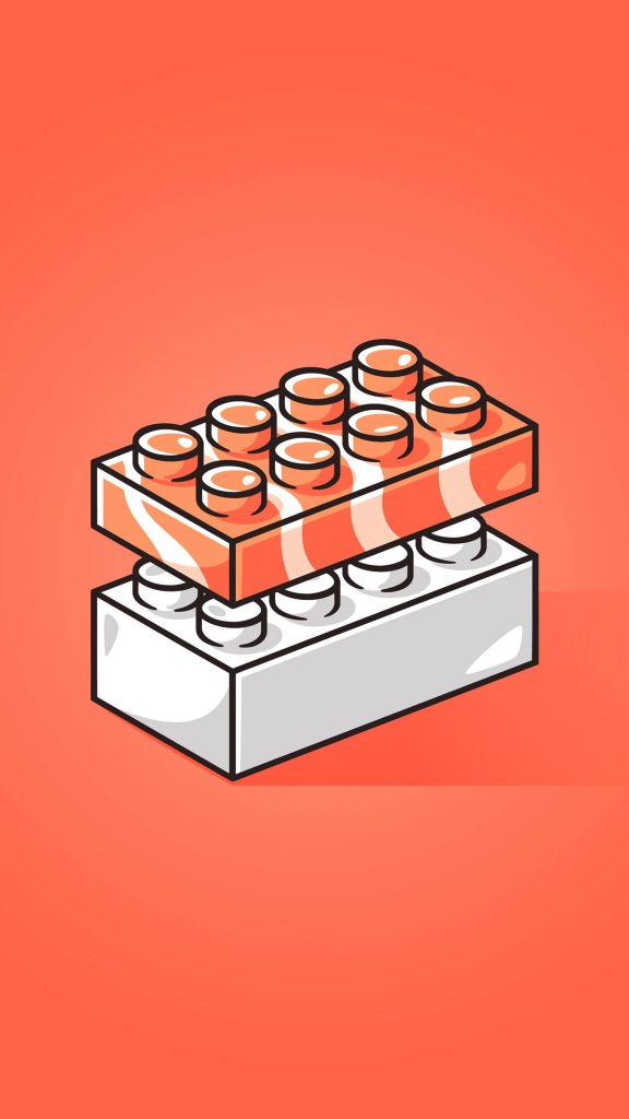 Digital art wallpaper of stacked white and orange swirled Lego style blocks on orange background