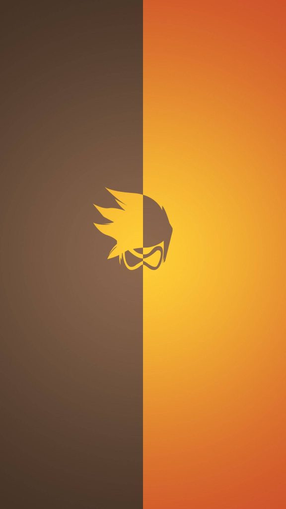 Minimalist Overwatch Tracer wallpaper with two-tone hair and goggles on brown orange background