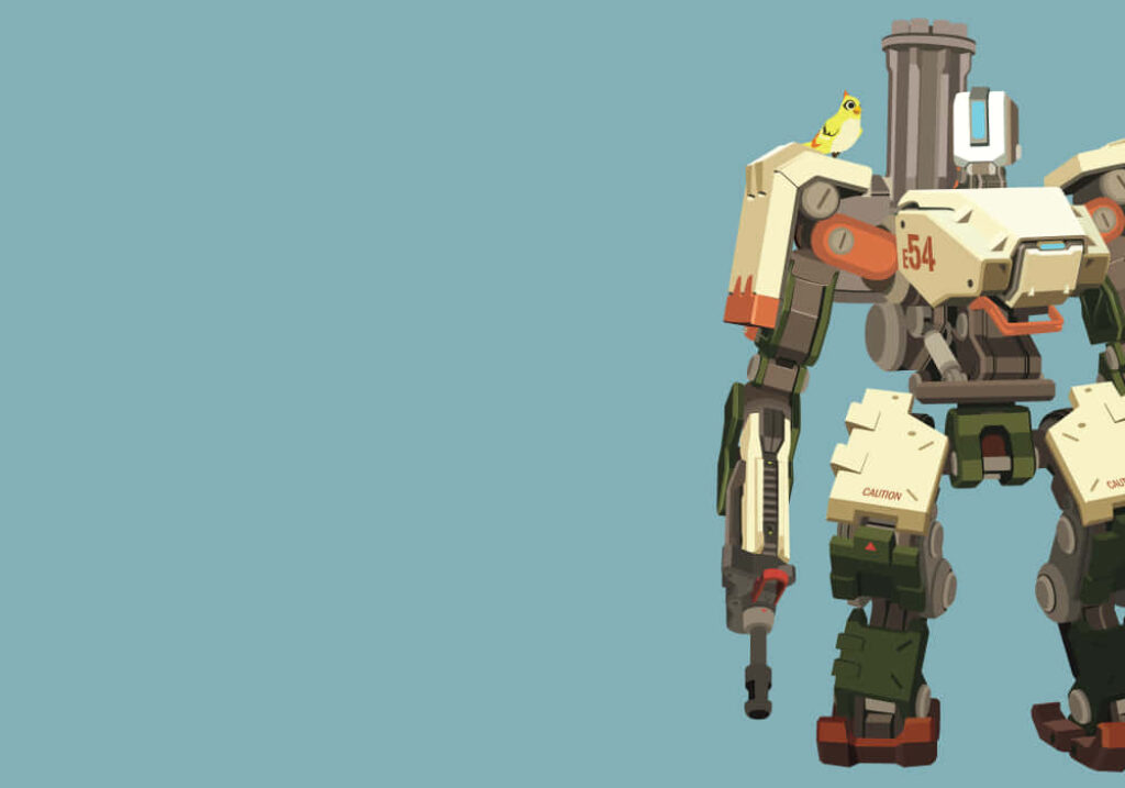 Minimalist Overwatch Robot Wallpaper with Bird on Light Blue Background