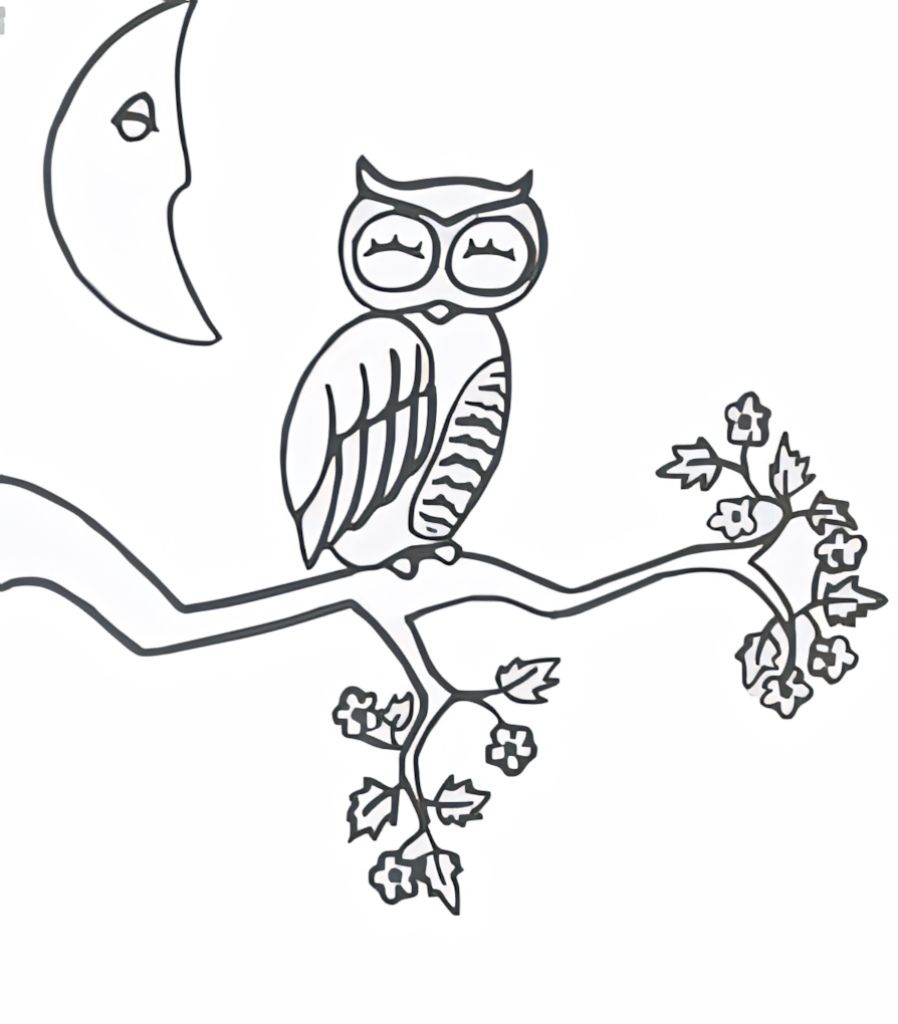 Minimalist Owl Line Art Wallpaper with Crescent Moon & Leaves