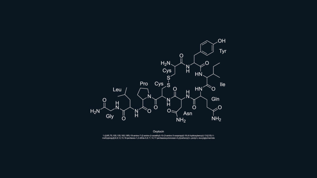 Minimalist oxytocin structural formula wallpaper in white line art on dark background for science fans