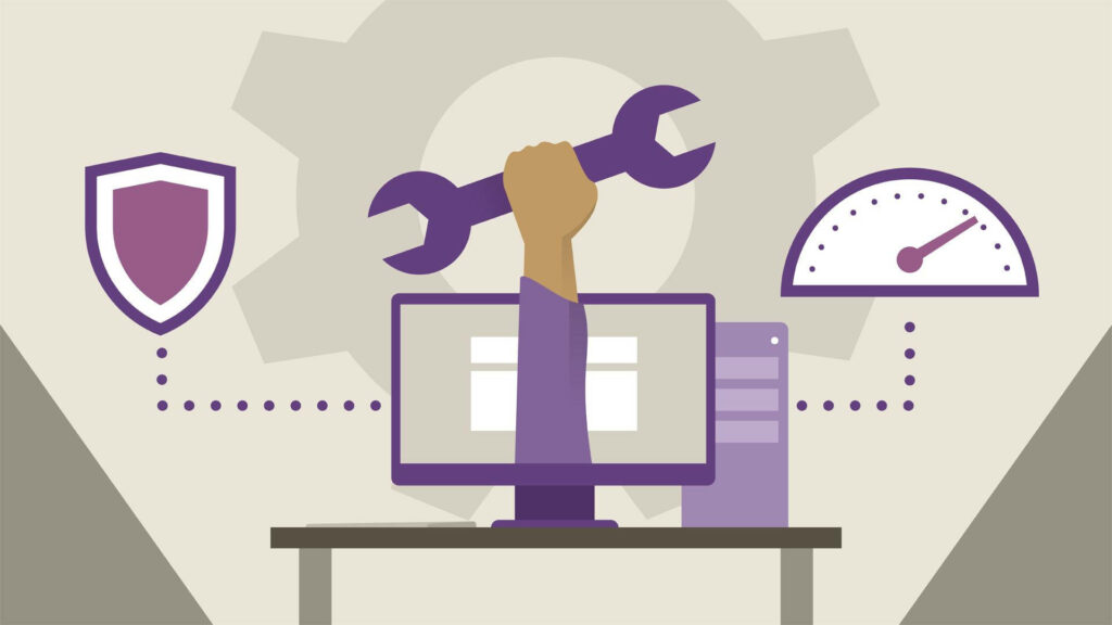 Minimalist PC Maintenance Wallpaper: Wrench, Shield & Speedometer Art