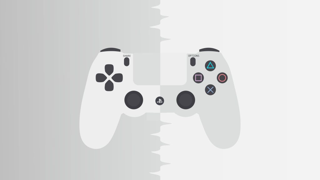Minimalist gaming wallpaper with stylized PS4 DualShock 4 controller and colored buttons on grey background