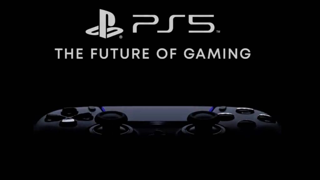 PS5 digital wallpaper with glowing blue DualSense silhouette and futuristic gaming logo background